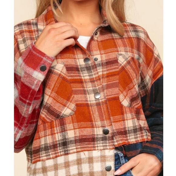 FLANNEL LOOSE FIT COLOR BLOCK SNAP BUTTON DOWN PLAID JACKET SHACKET‎ POCKETS - Picture 2 of 10